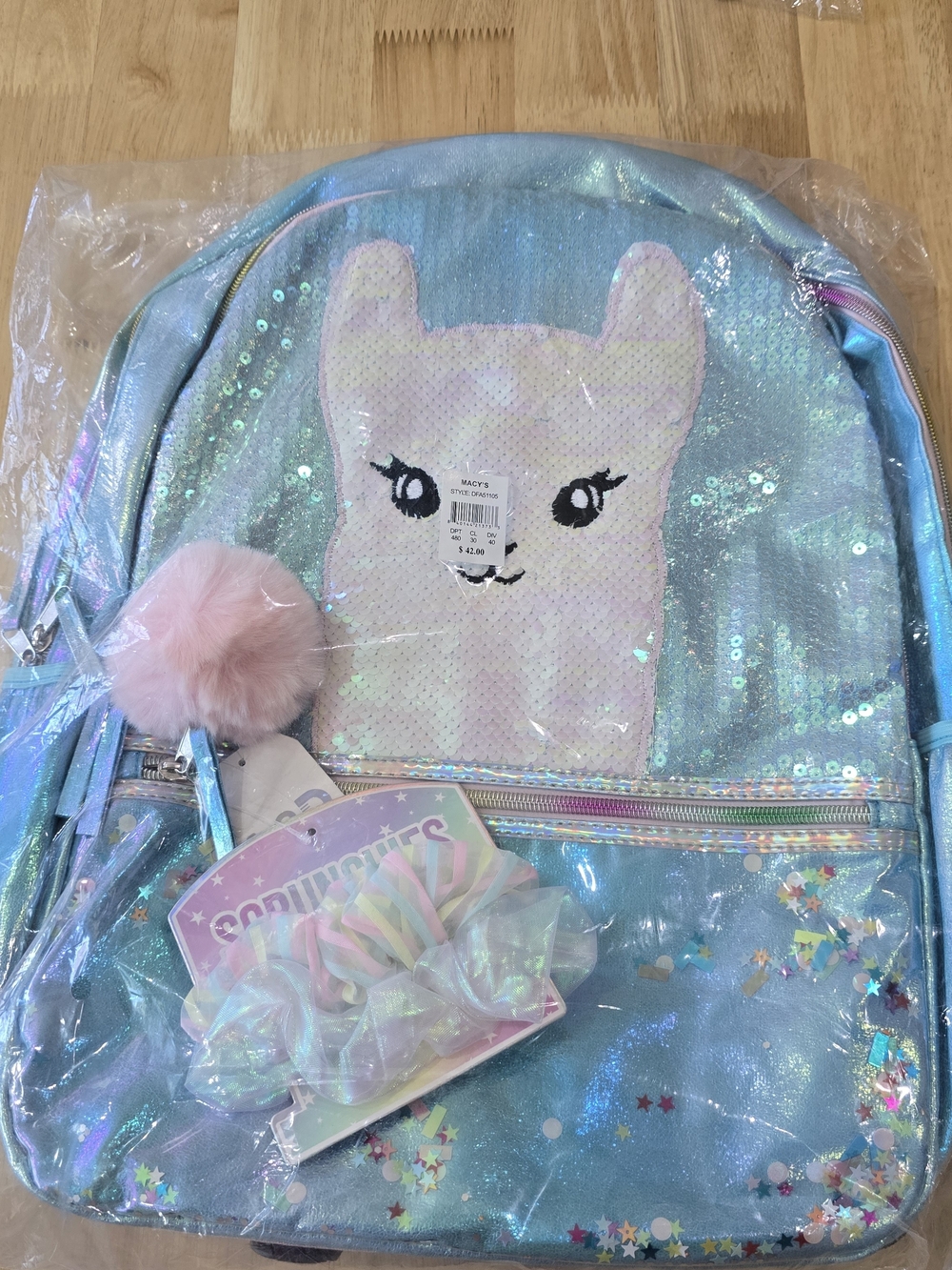 Kids Iridescent Blue Sequin Llama Backpack with Pink Pom-Pom